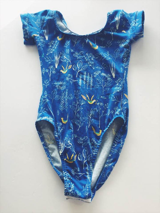 Indie Blue Bird Print Cap Sleeve Body Suit- ORGANIC COTTON, HANDMADE - BABY + GIRLS