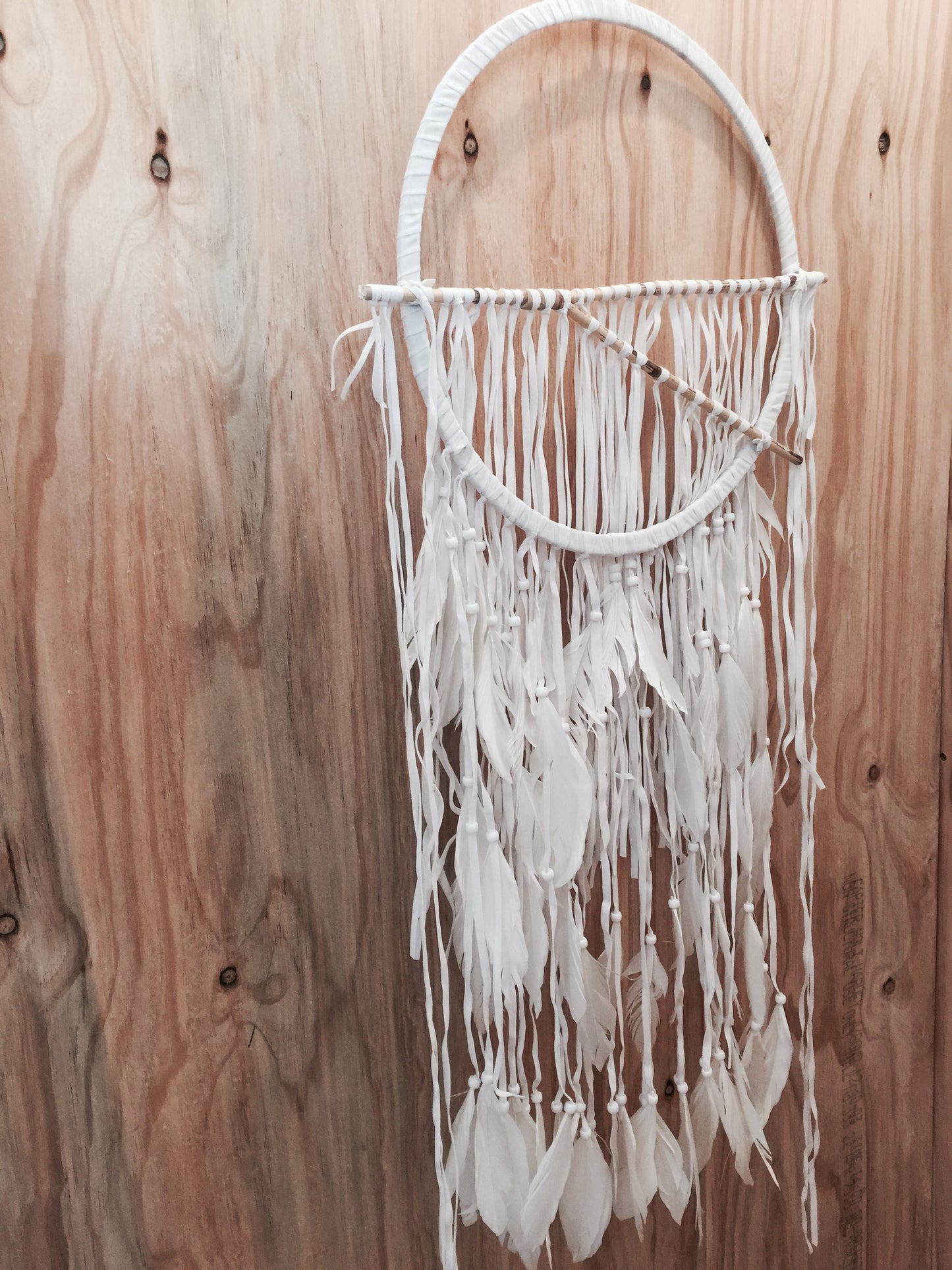 WHITE + BAMBOO FEATHER DREAMCATCHER WALL HANGING