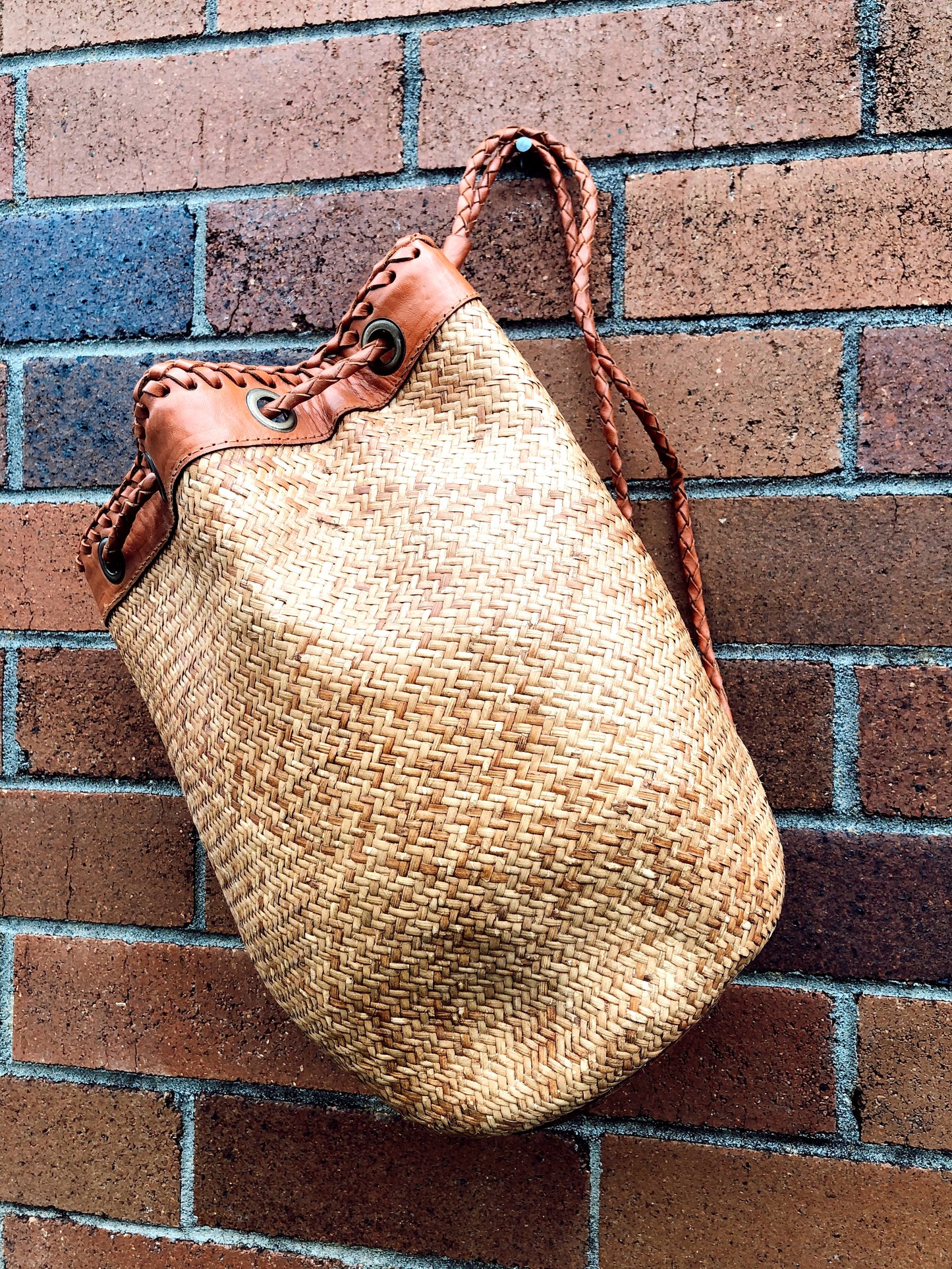 LEATHER DETAIL RATTAN FISHERMANS BAG