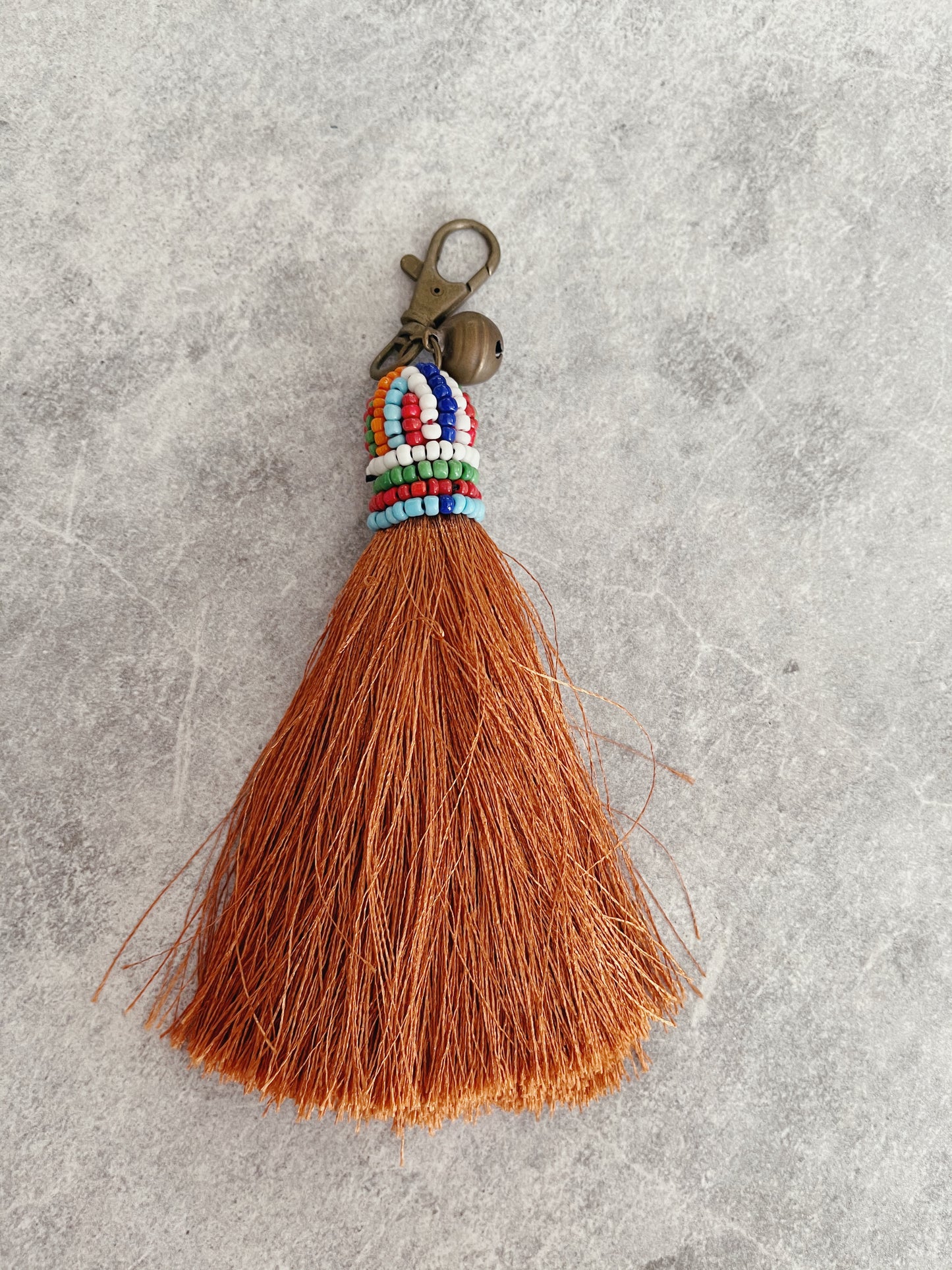 Tribal Beaded Metallic Toffee Coloured Tassel Keyring