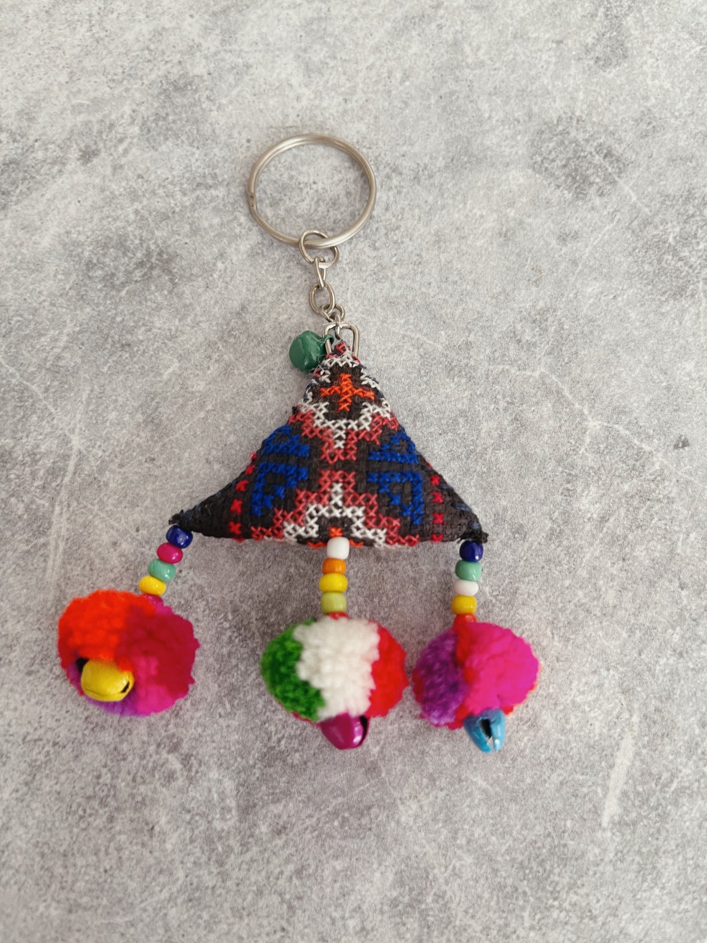 Handmade Embroidered Bell Keyring - Triangle (Green Bell)
