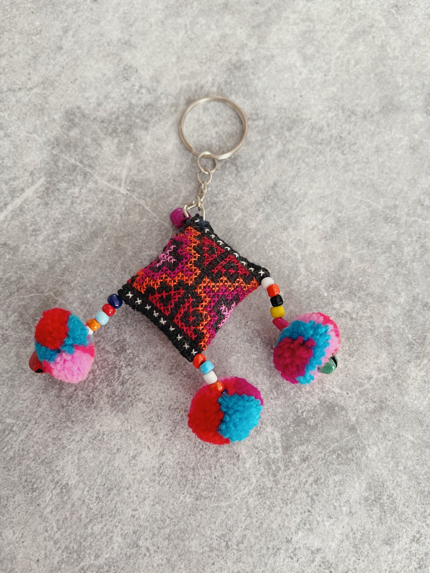 Handmade Embroidered Bell Keyring - square