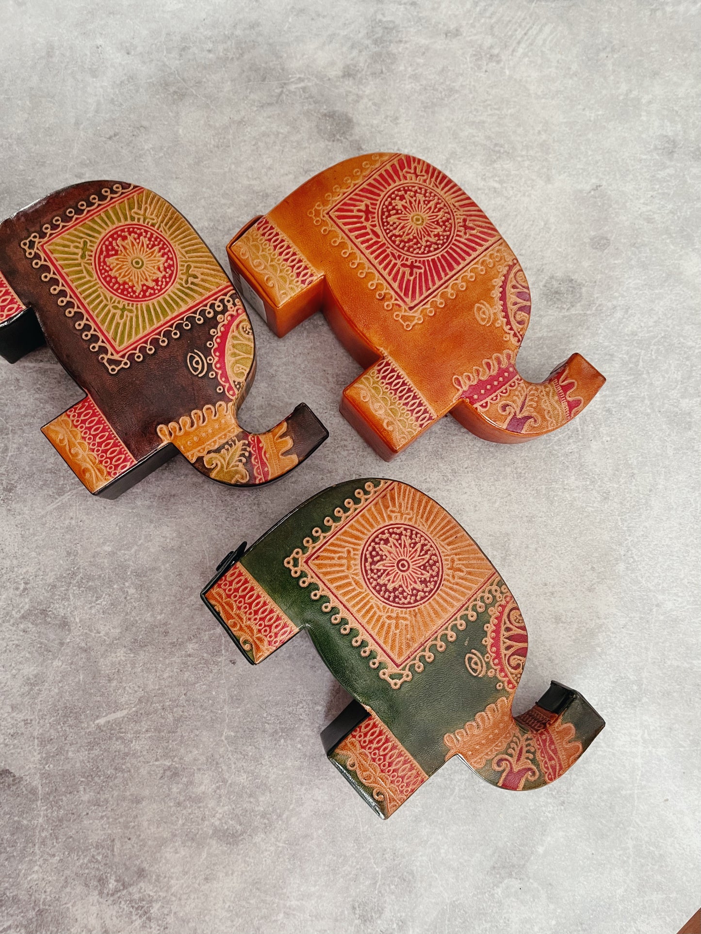 Elephant- Handmade Leather Money Box: Red