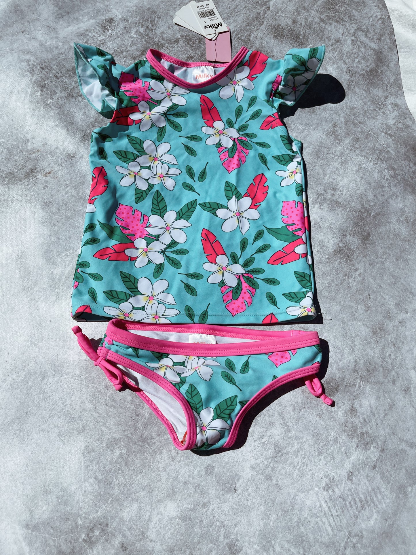 Milky Tropical Girls Swim Set in Aqua Marine
