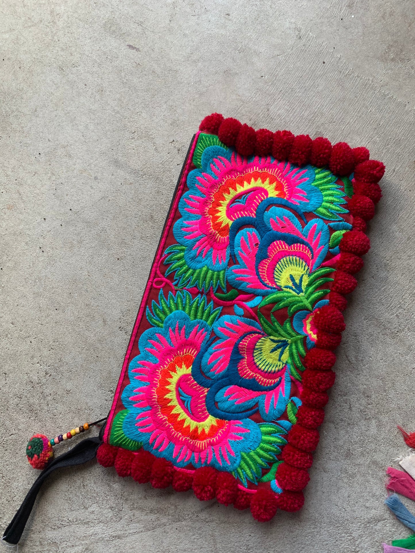 Love Embroidered Trad Pompom Clutch - Wine