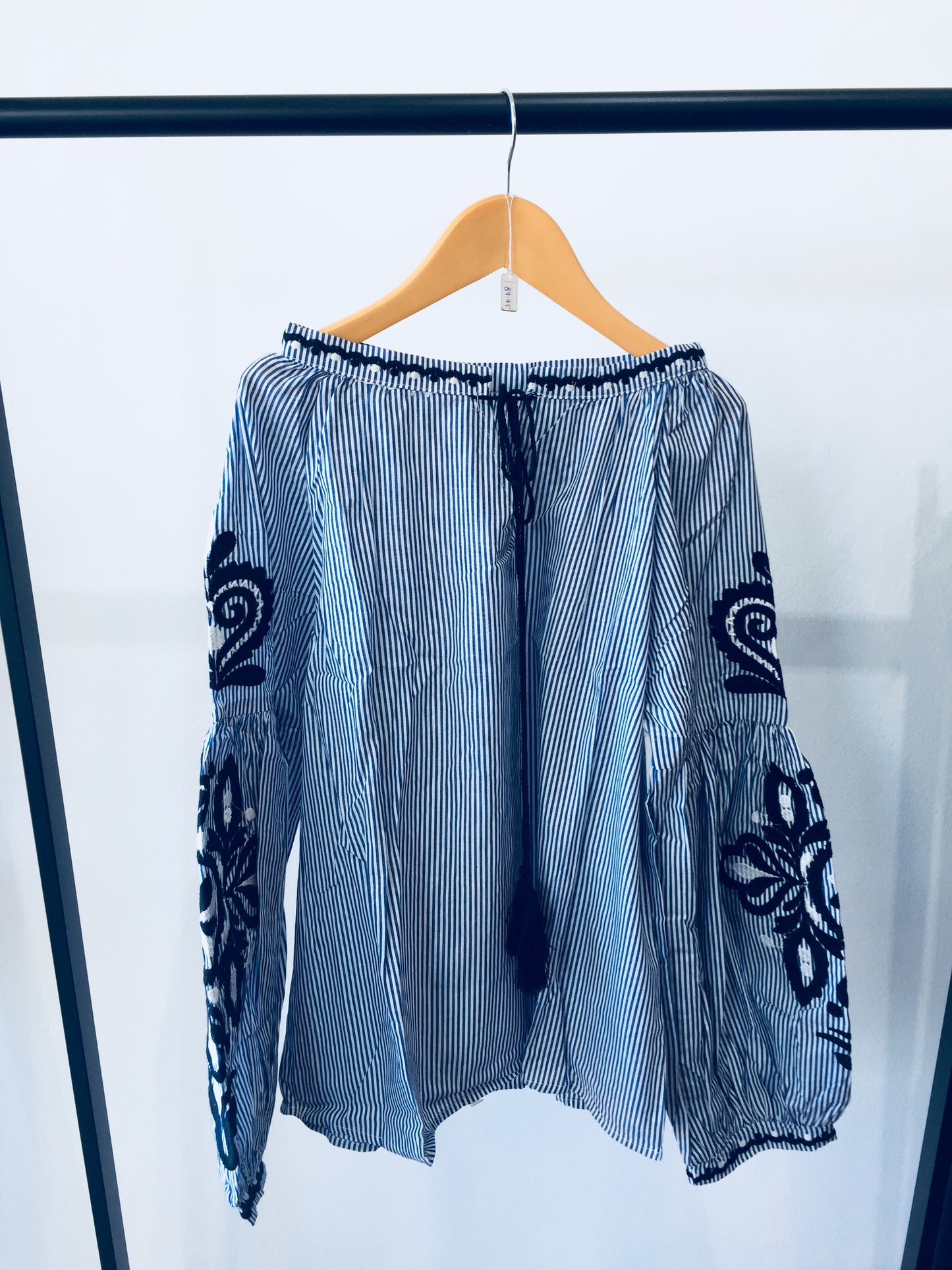 Striped Monaco Embroidered Bell Sleeve Tie Up Shirt