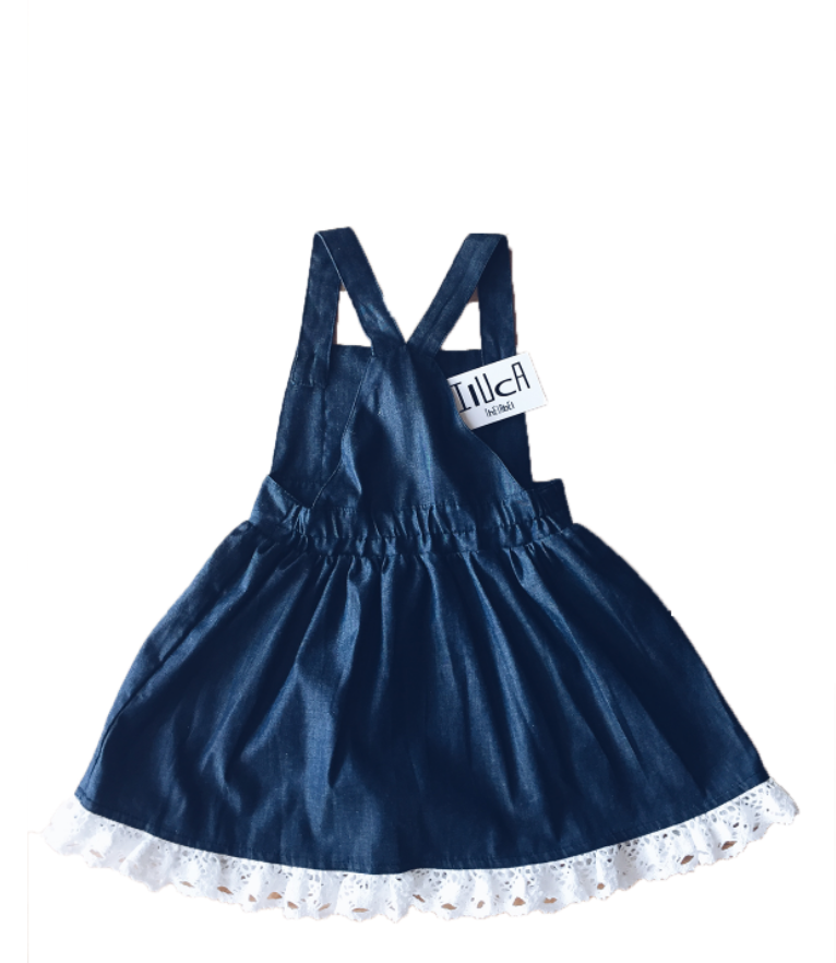 Vintage Rogue DENIM Pinafore with Crochet Detailing (Girls Version)- HANDMADE
