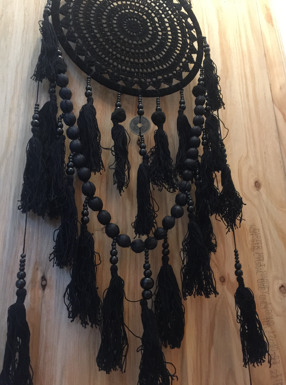 CROCHET BLACK FEATHER DREAMCATCHER WALL HANGING