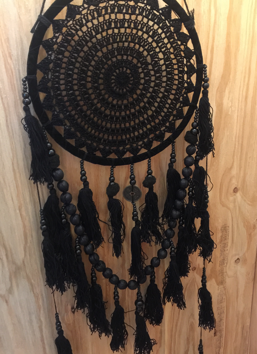 CROCHET BLACK FEATHER DREAMCATCHER WALL HANGING