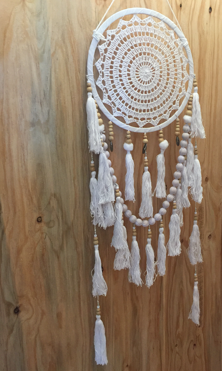 WHITE CROCHET FEATHER DREAMCATCHER WALL HANGING