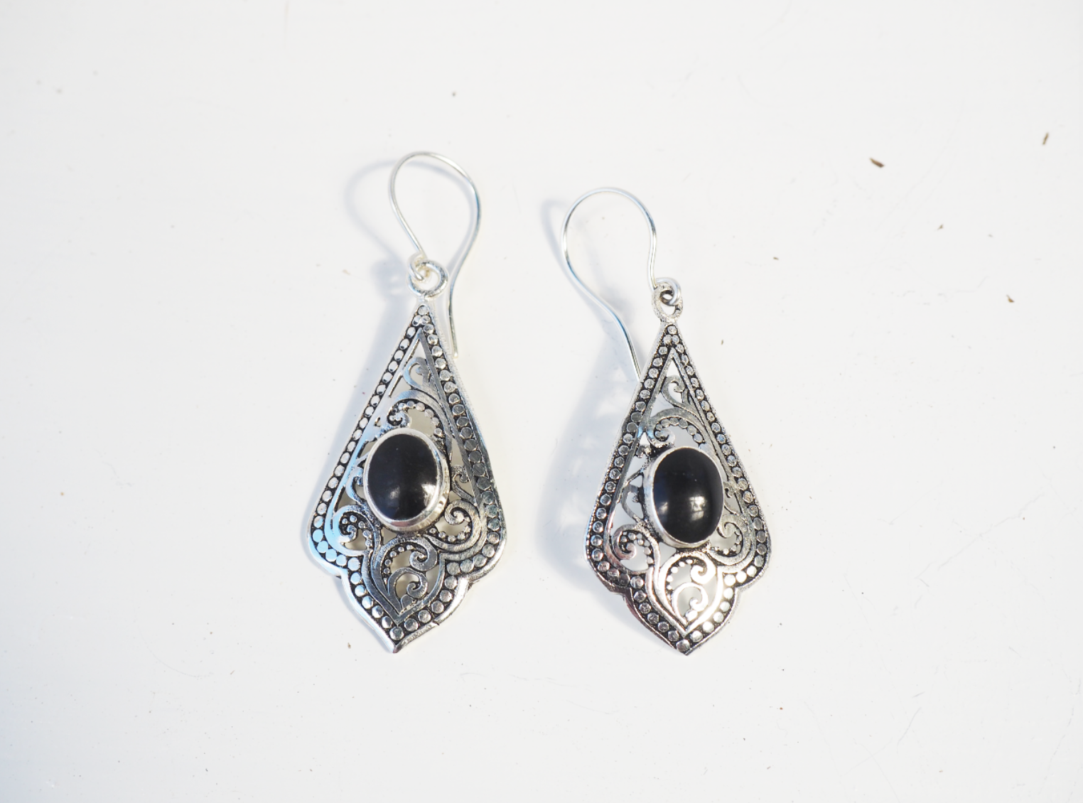 JET IGNITE BLACK STONE INDONESIAN CARVED DANGLE EARRINGS