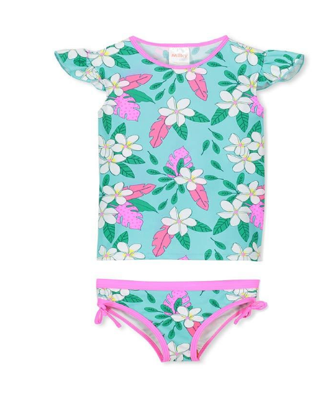 Milky Tropical Girls Swim Set in Aqua Marine