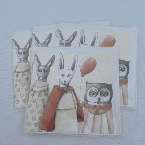 BUNNY + CAT + OWL - HAND DRAWN ALL OCCASSIONS CARD AP-21