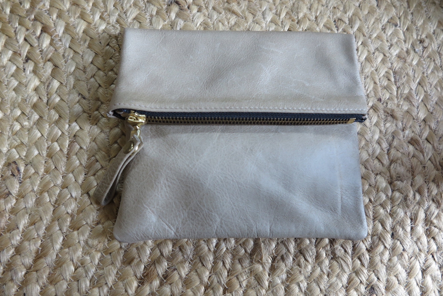 Large Dusty Olive Genuine Handmade Leather Clutch with Metallic Detailing