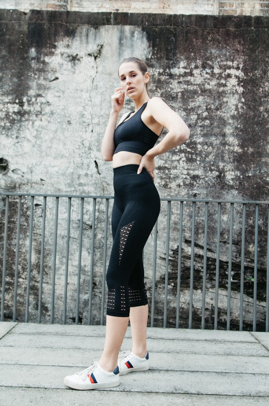 seamless black 7/8ths leggings with laser cut detail at the calf by Gerry Can
