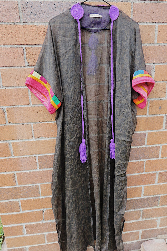 Faithful Kimono - 100 % Silk Black and Embroidered Sleeves
