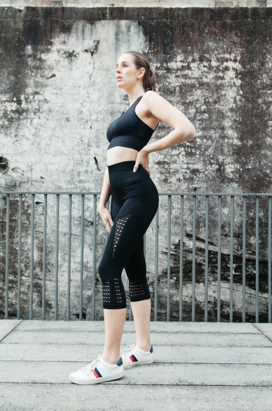seamless black 7/8ths leggings with laser cut detail at the calf by Gerry Can
