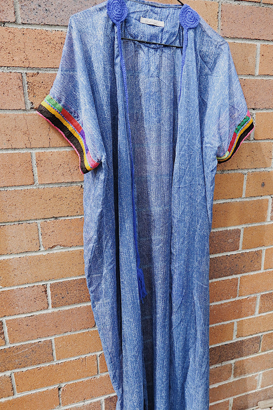 Faithful Kimono - 100 % Silk Royal Blue and Embroidered Sleeve