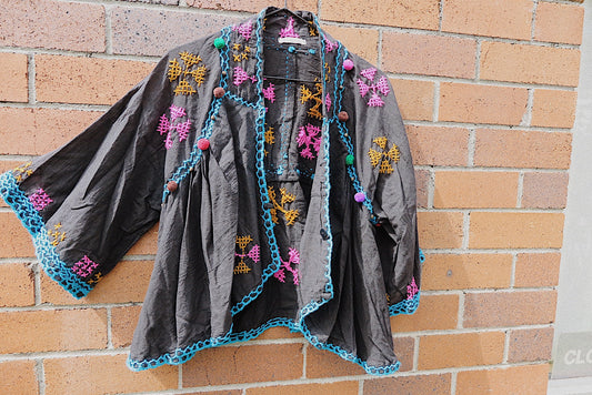 Black Organic Cotton Pom Pom Embroidered Bide By This Shirt - Crochet Handmade Ladies Shirt