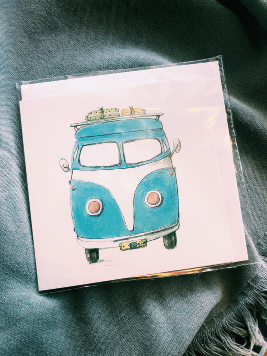 BLUE COMBI VW VAN ILLUSTRATED CARD - AP-52