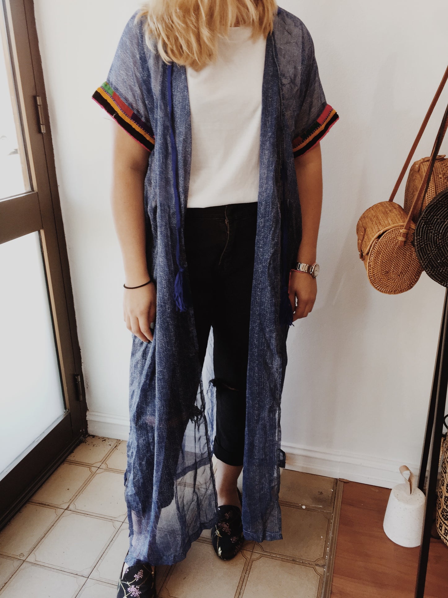 Faithful Kimono - 100 % Silk Royal Blue and Embroidered Sleeve