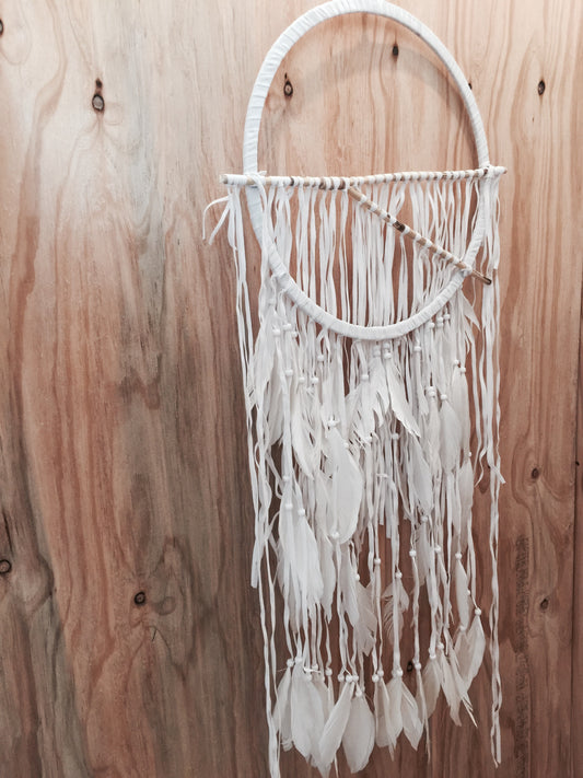 WHITE + BAMBOO  FEATHER DREAMCATCHER WALL HANGING
