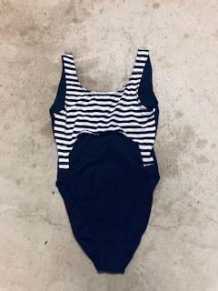 black one piece with cut out tummy and black and white stripe front by gerry can
