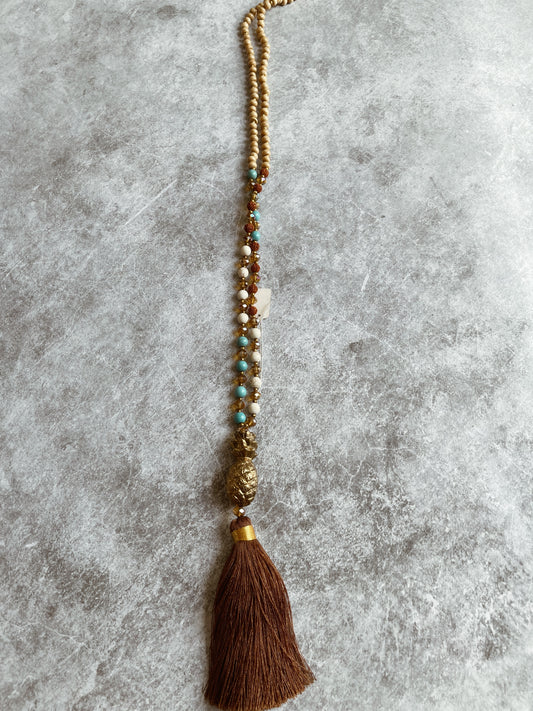 Brass Pineapple Beaded Artisan Neckpiece: Tan