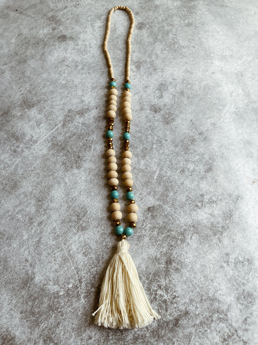 Natural Cream and Metallic Beaded Tassel Necklace- 'Tribal Lady'