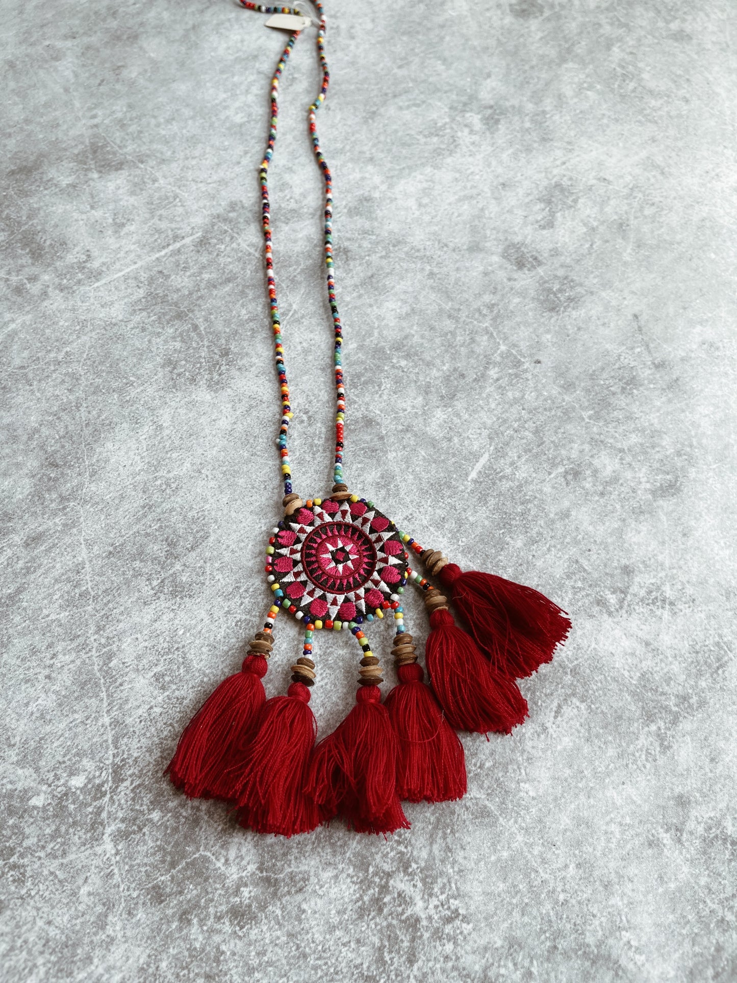 Floral Beaded Tassel Necklace: Wine
