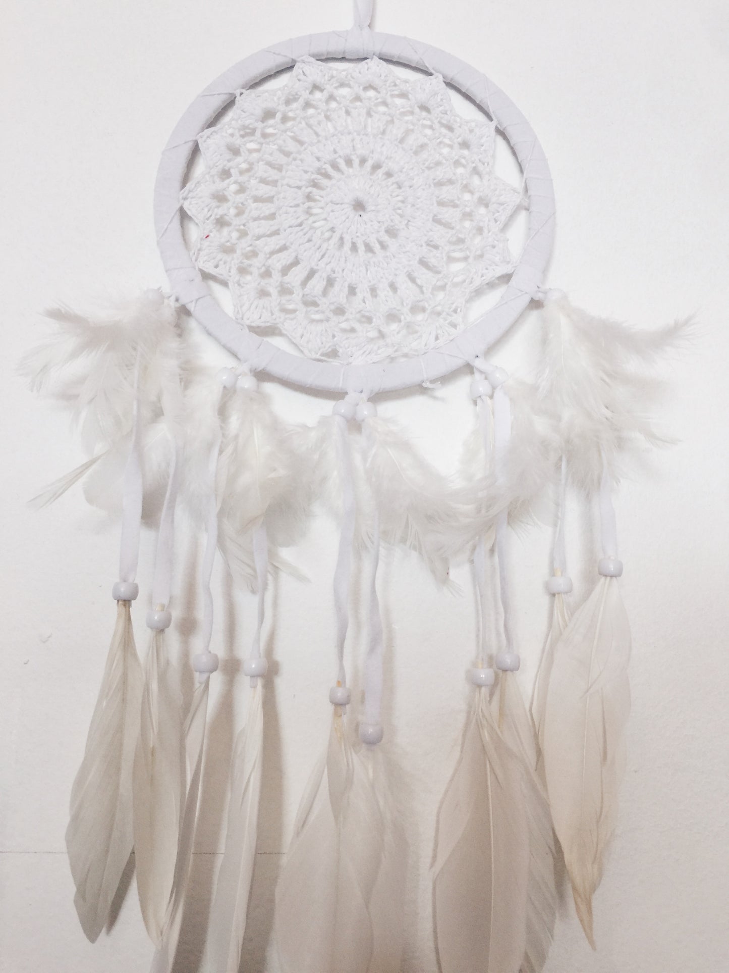 Mini- SMALL SIZE WHITE HAND CROCHET FEATHER DREAMCATCHER