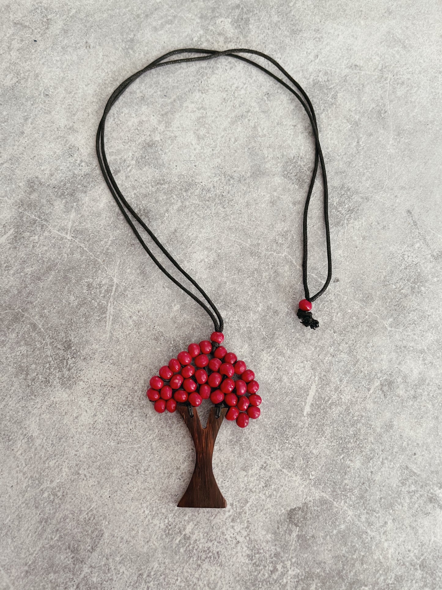 Hand Beaded + Leather Tree Necklace - Pink