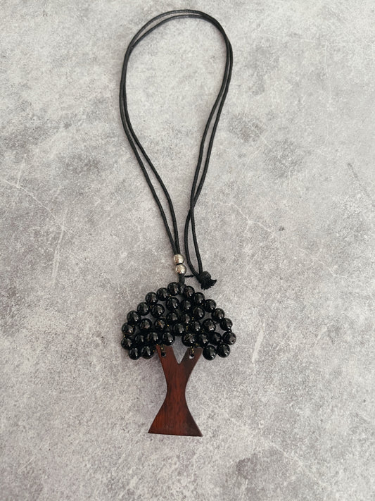 Hand Beaded + Leather Tree Necklace - Black