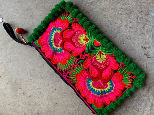 Love Embroidered Trad Pompom Clutch - Fern