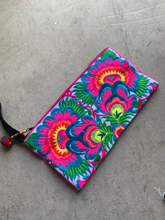 Love Embroidered Trad Clutch - Blue and Pink