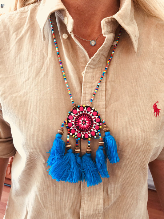 Floral Beaded Tassel Necklace: Blue