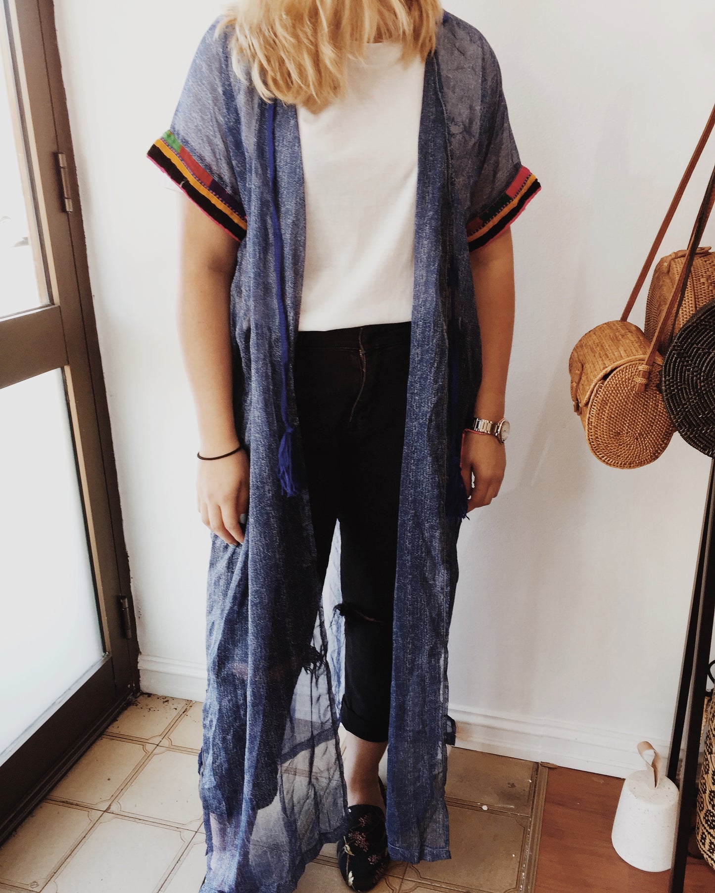 Faithful Kimono - 100 % Silk Royal Blue and Embroidered Sleeve