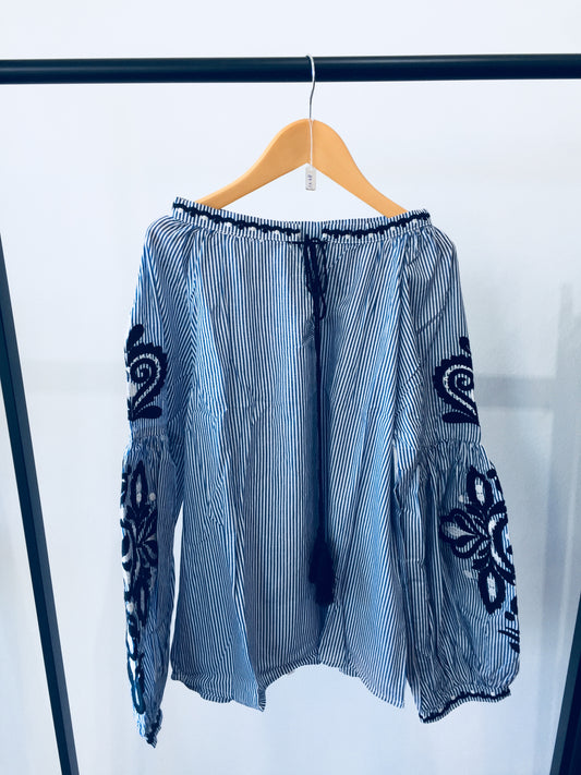 Striped Monaco Embroidered Bell Sleeve Tie Up Shirt