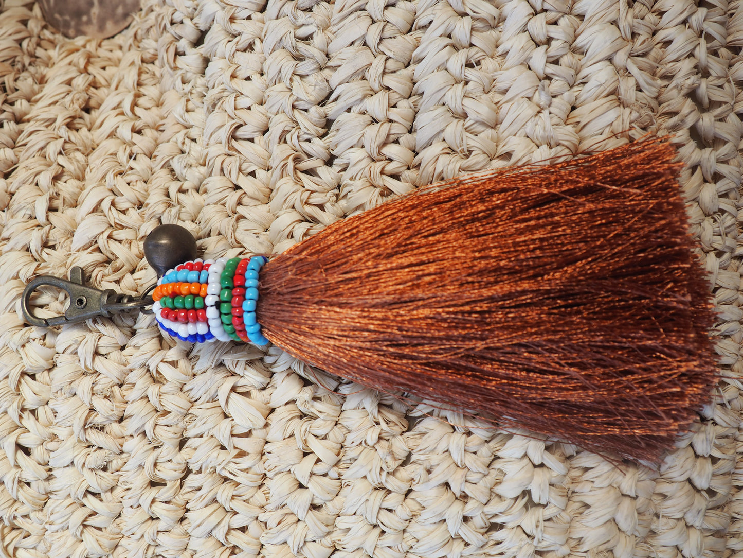 Tribal Beaded Metallic Toffee Coloured Tassel Keyring