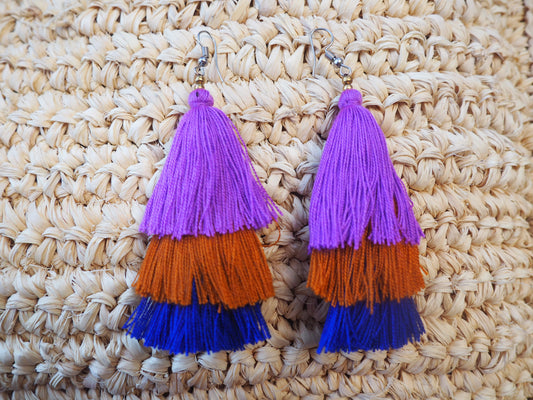 Layer Tassel Earrings - Vibrant Safari- Royal Blue, Mustard, Purple
