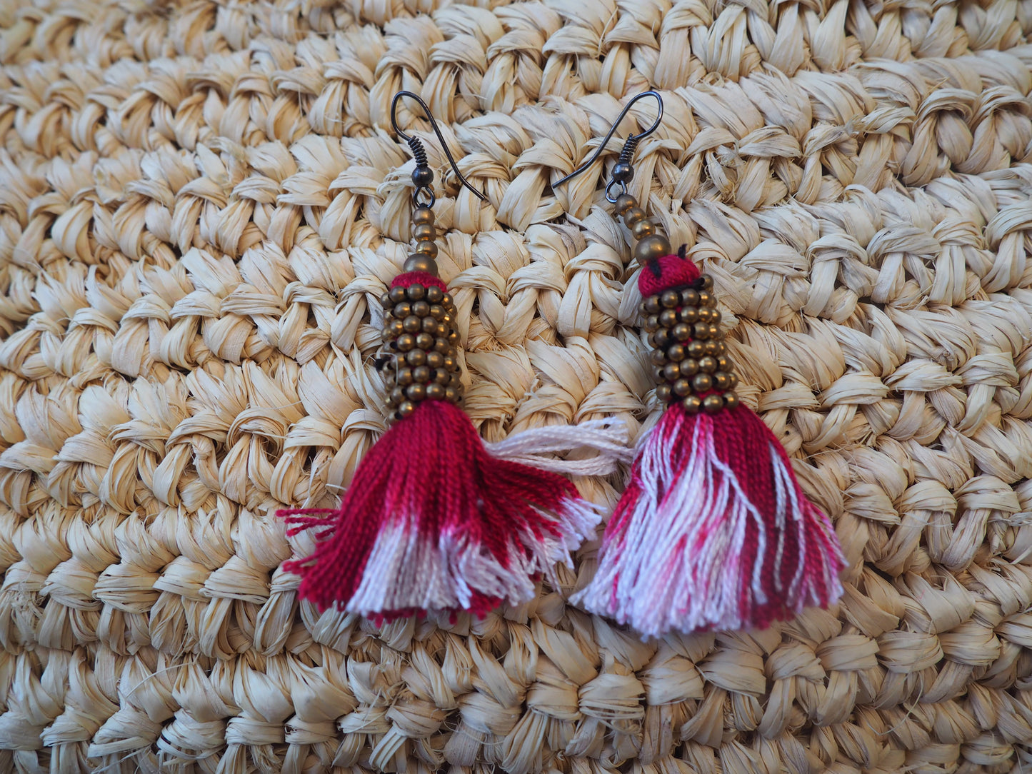 Tassel beaded Short Earrings - Pink and Cream