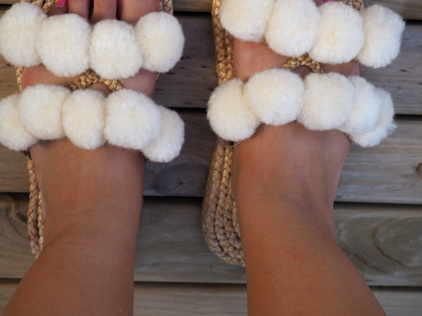 Natural White Pom Pom Woven Slides