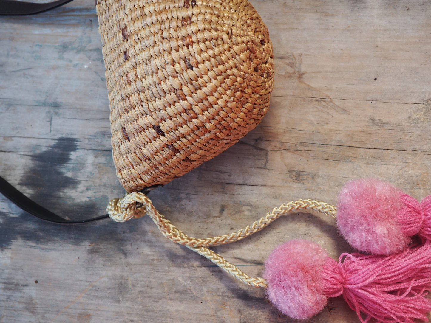 Woven Straw Girls Bag - Pink Pom Pom Detail.