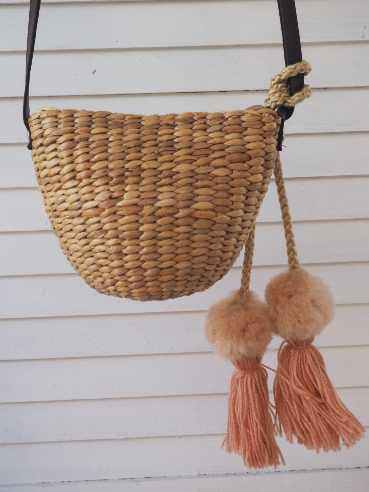 Woven Straw Girls Bag - Musk Blush Pom Pom Hanging Detail