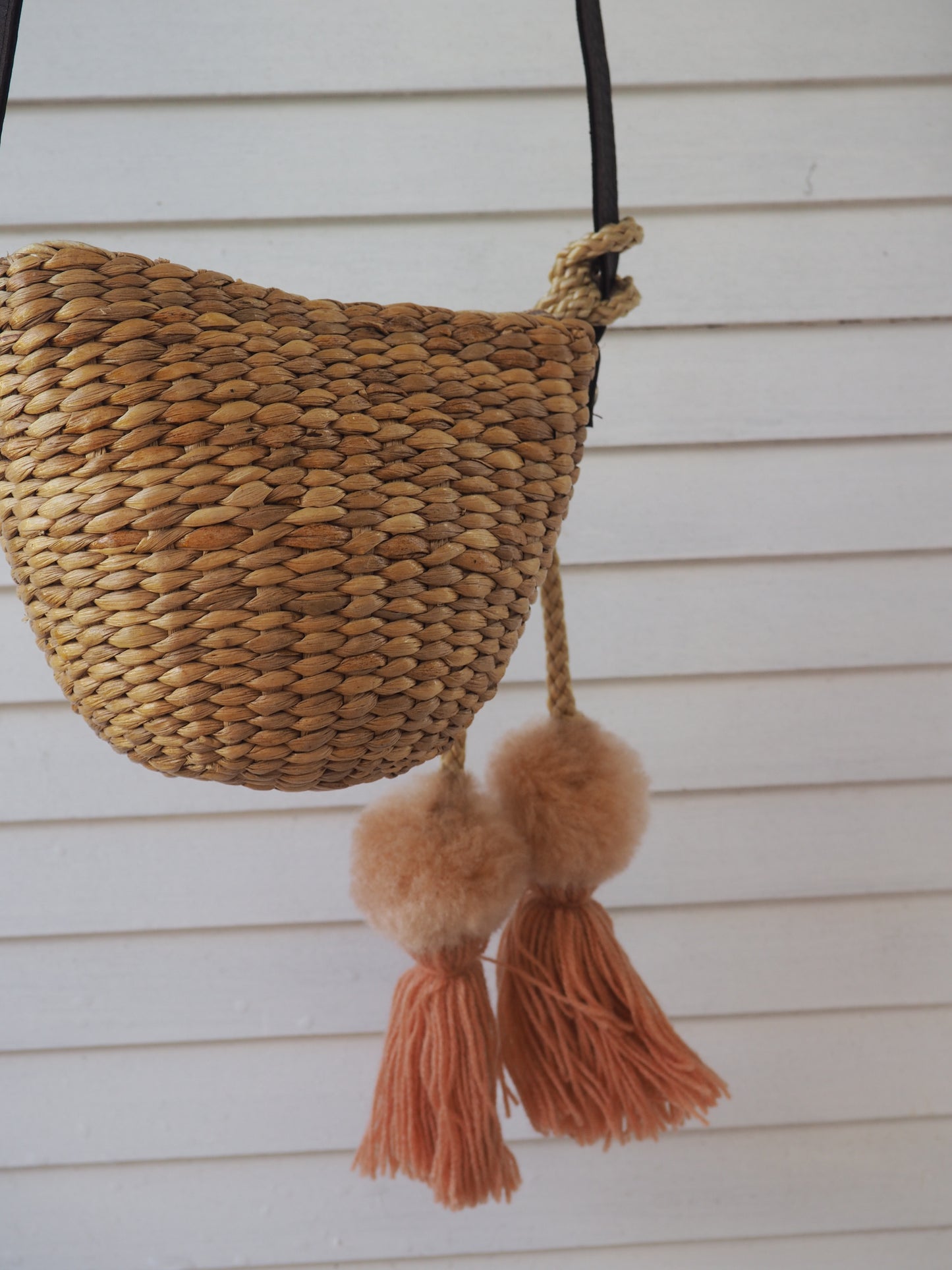 Woven Straw Girls Bag - Musk Blush Pom Pom Hanging Detail