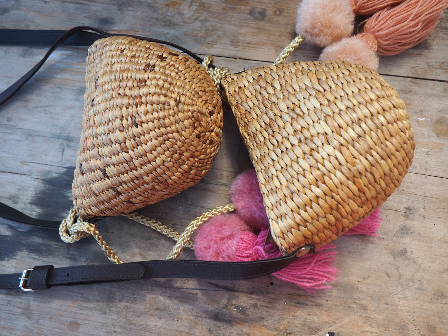 Woven Straw Girls Bag - Musk Blush Pom Pom Hanging Detail