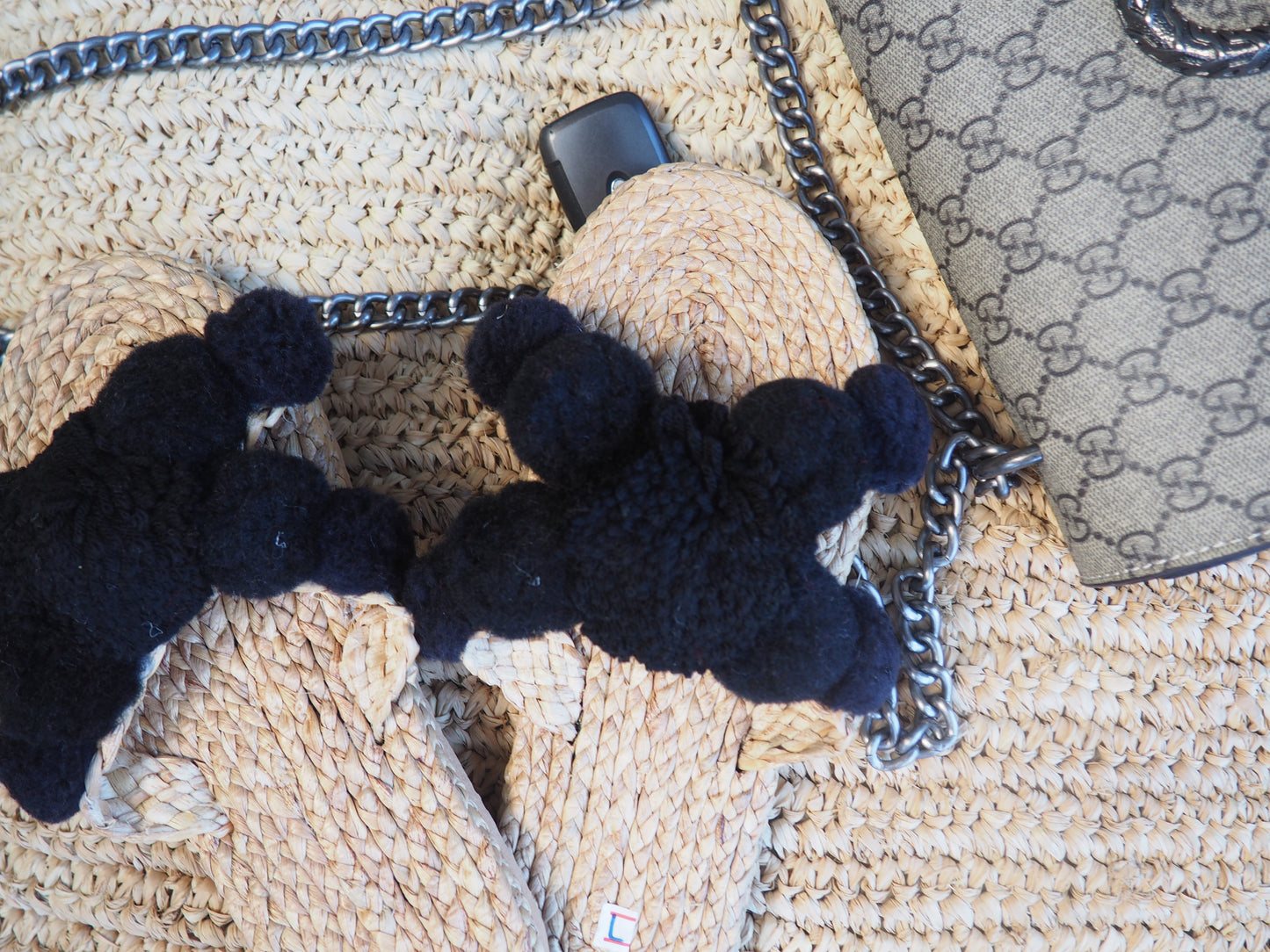 Black Pom Pom Natural Woven Women's Slides
