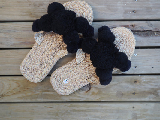 Black Pom Pom Natural Woven Women's Slides