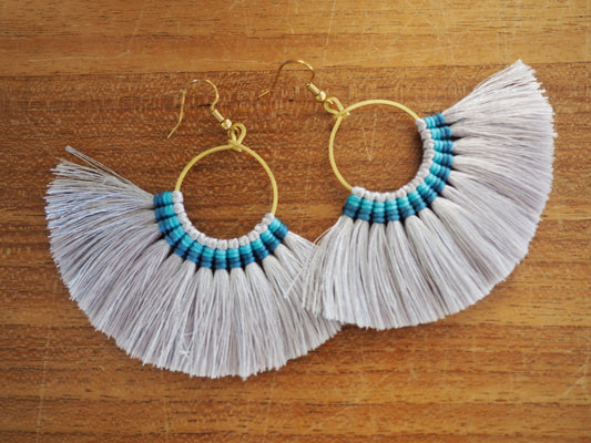 Crisp white and Turquoise-  Premium Handmade Tassel Tribal Earrings