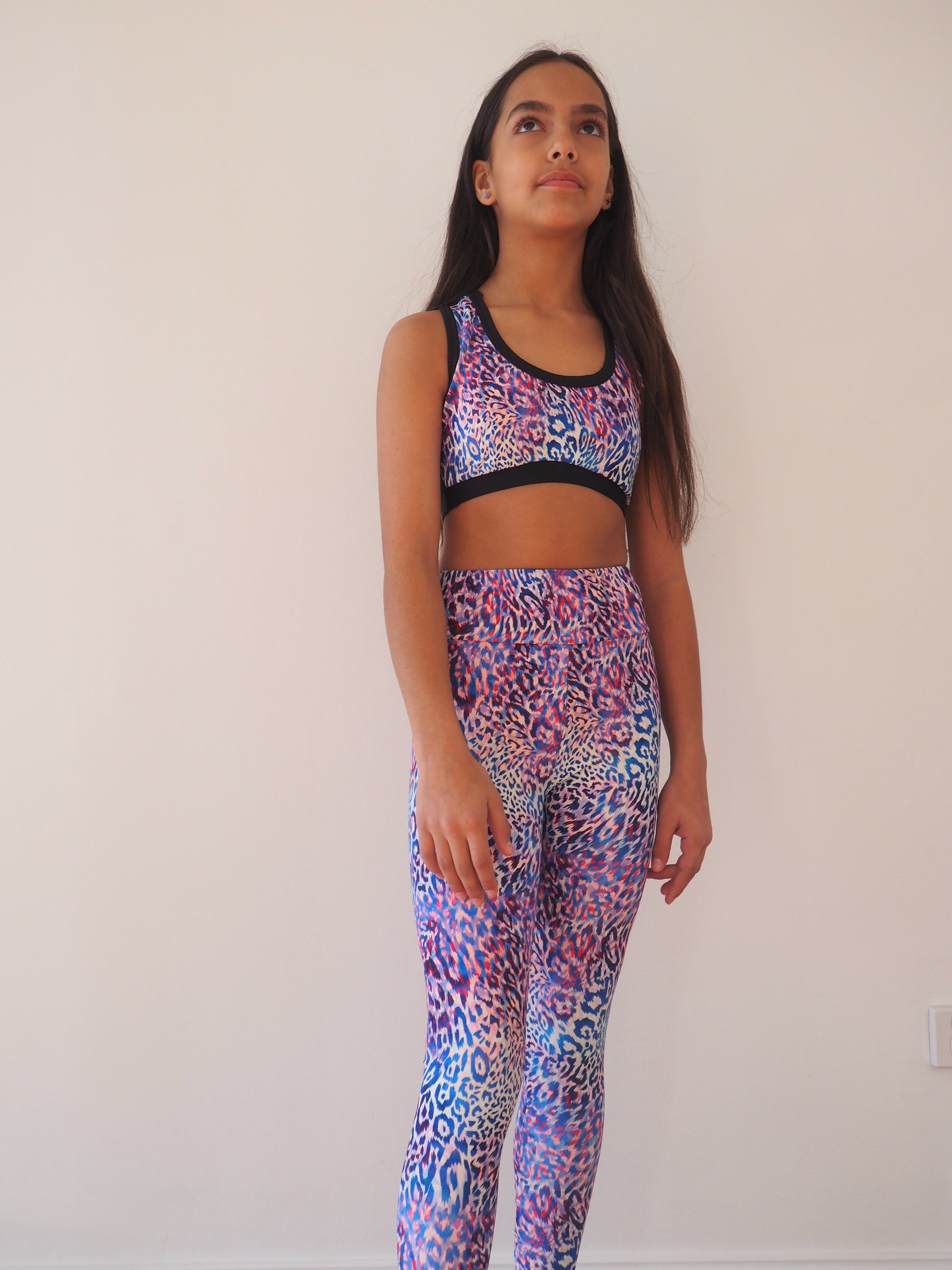  NEON BLUE AND PINK  LEOPARD PRINT  TWEENS COMPRESSION TIGHTS - GERRY CAN 